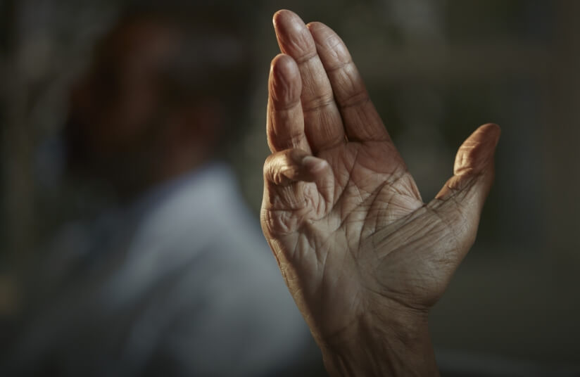 Thumbnail for a video called Advice, showing a person with Dupuytren's contracture holding their palm up